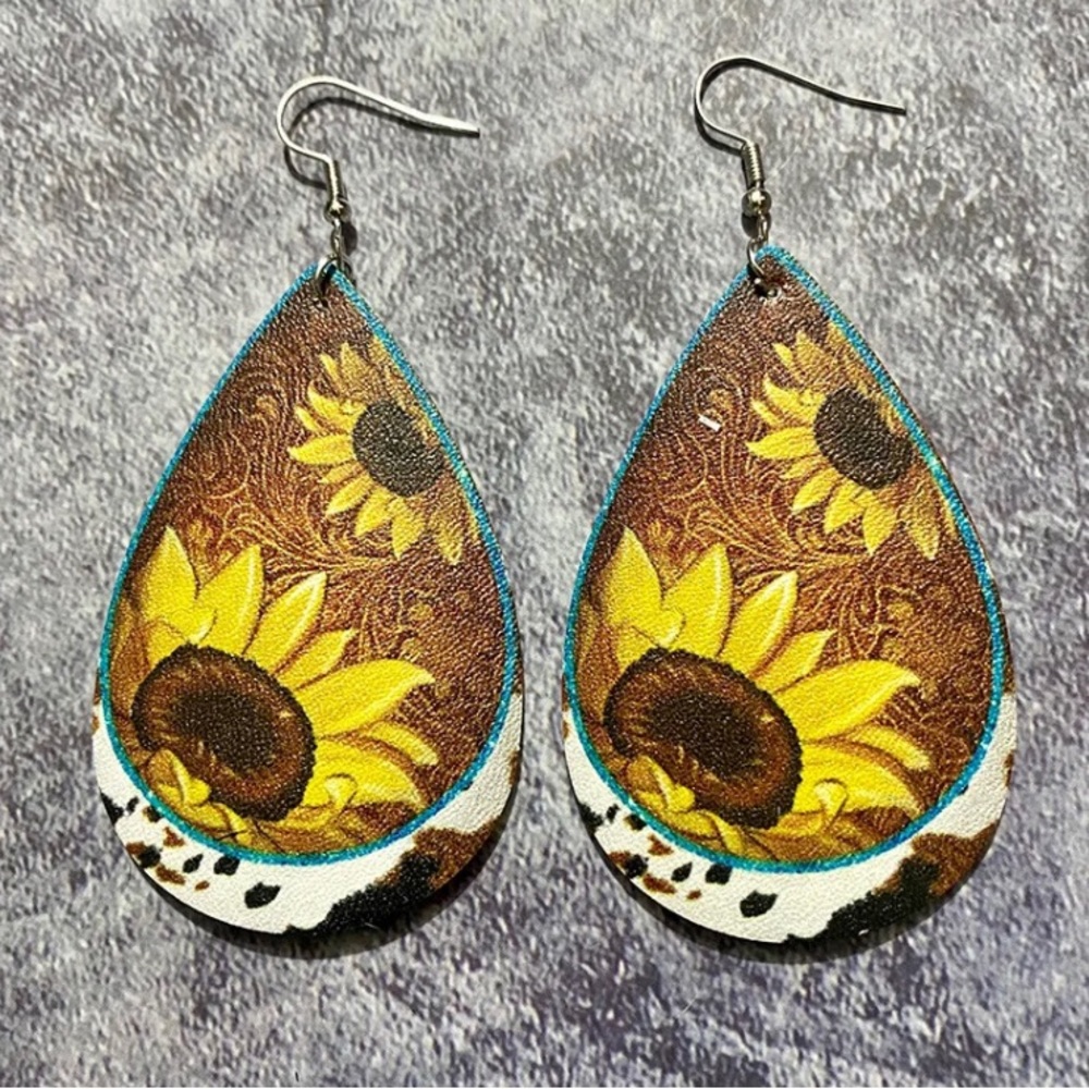BOHO SUNFLOWER Cow Print Earrings!!!